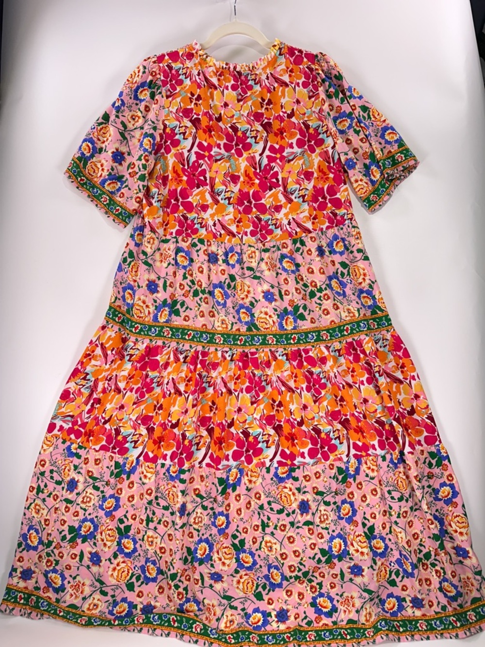 Umgee Bright Mixed Floral Tiered Dress Small Pink Boho Ruffle - Picture 9 of 13